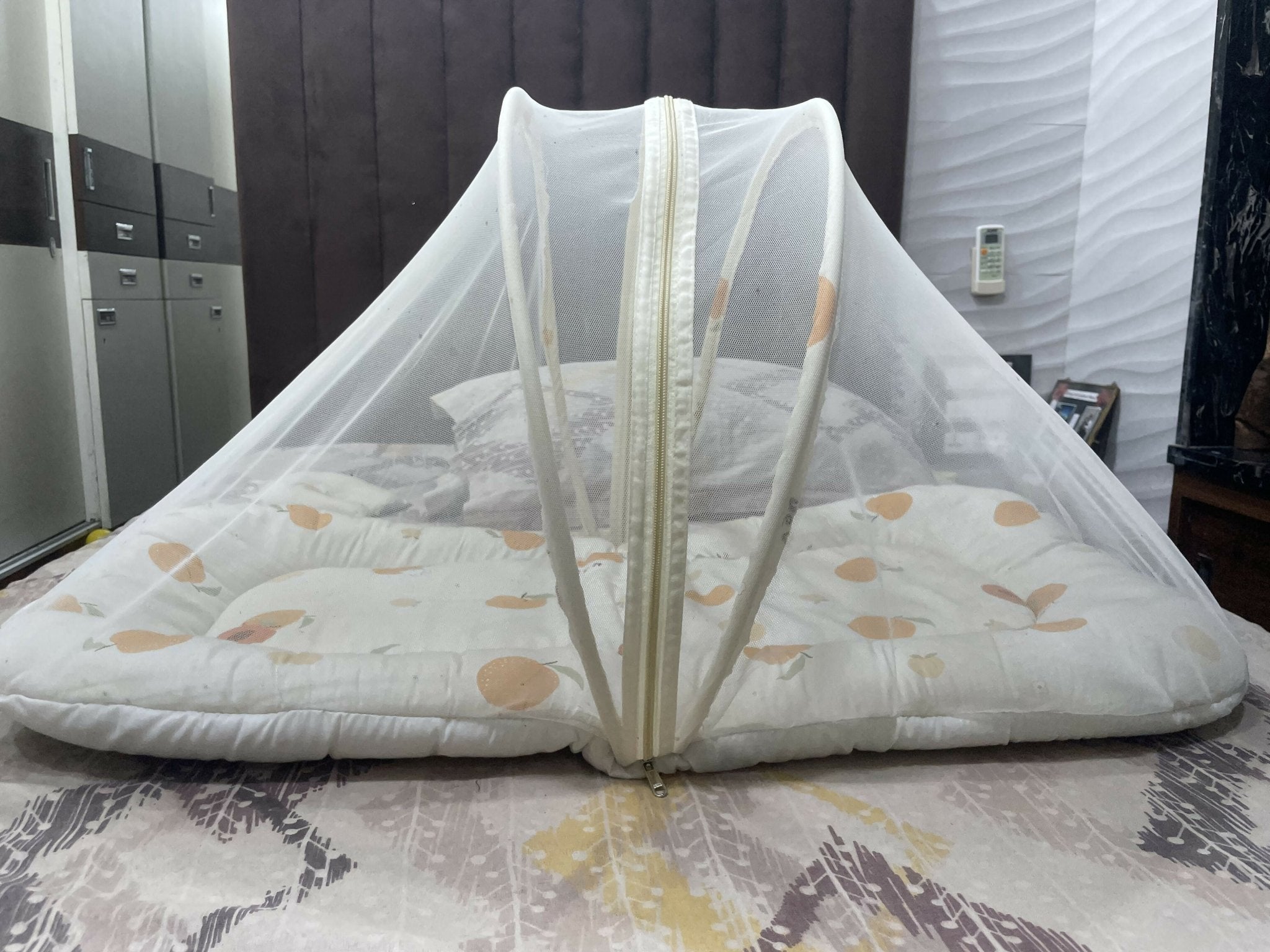 Baby bedding with mosquito net featuring a soft mattress, pillow, breathable fabric, and protective mosquito net for a cozy, comfortable, and secure sleeping space for babies.