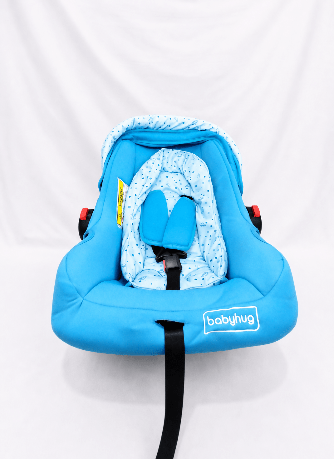 BABYHUG infant car seat carry cot with canopy, rear-facing design, cushioned seating, 5-point safety harness, ergonomic carry handle, and sun-protective canopy for newborns and infants up to 13 kg.
