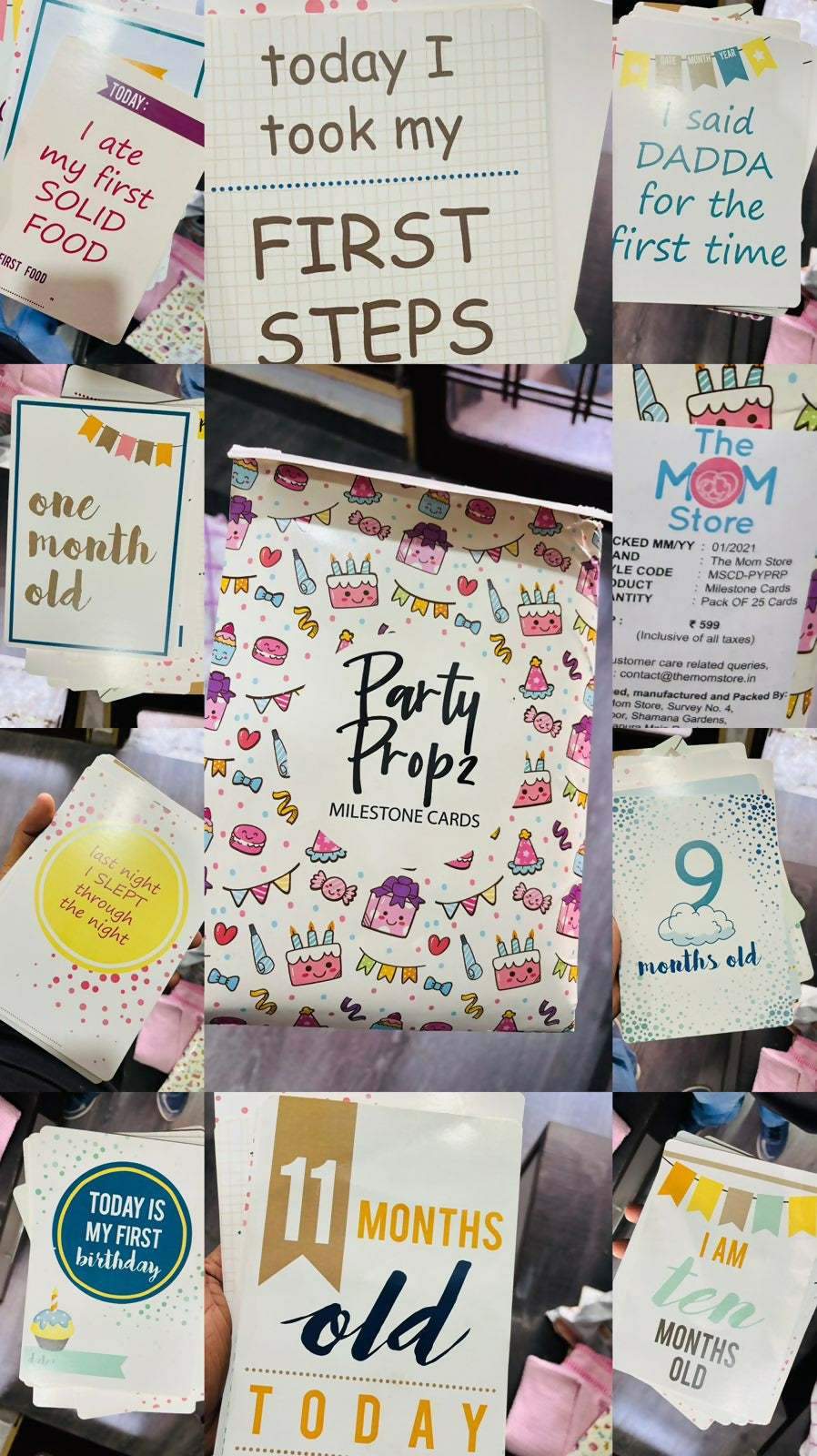 Collection of milestone cards for a baby's first year with various messages and designs.