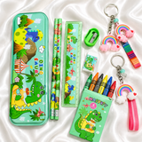 iLearnNGrow Dino Theme Stationery Rakhi Combo featuring a fun dinosaur pencil box set with a matching Dino Rakhi, combining useful stationery and festive fun for kids this Raksha Bandhan.