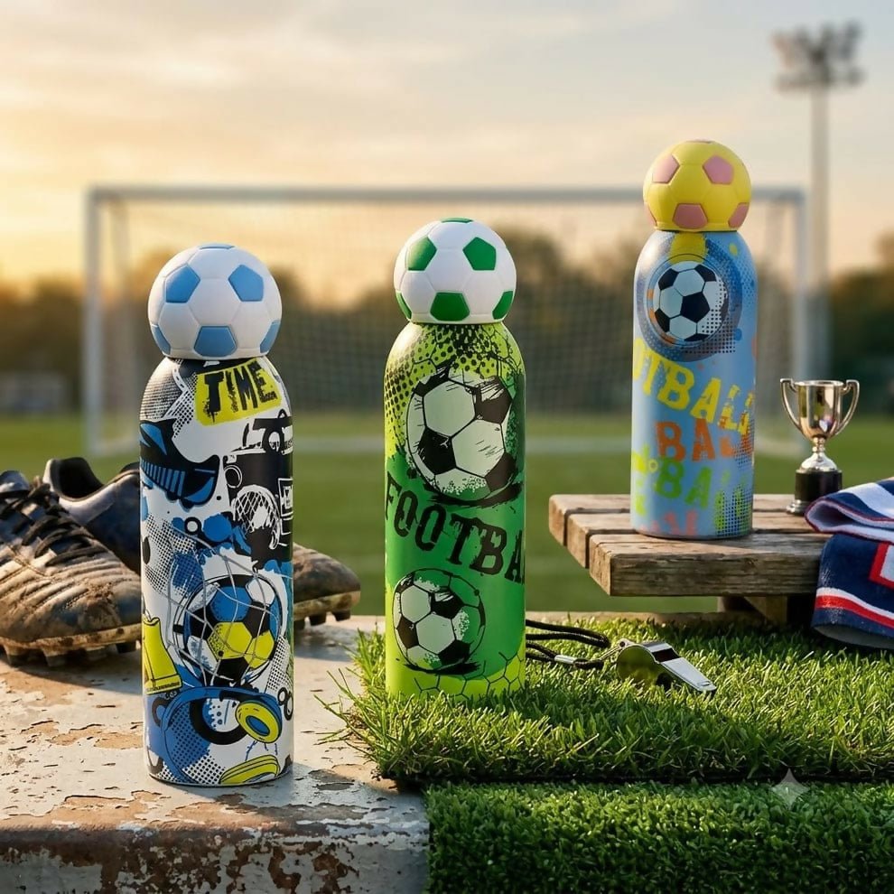 Premium Football Insulated Steel Bottle with double-wall stainless steel insulation, leak-proof lid, football-themed design, durable construction, and reusable design to keep drinks hot or cold for hours.