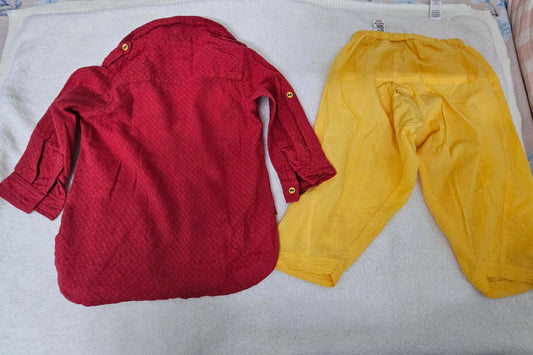FabIndia Red Kurta & Yellow Pyjama Set – Stylish and comfortable traditional attire for kids, perfect for festivals and celebrations.