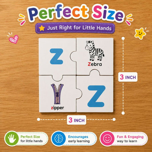 Wooden Alphabet Puzzle for kids featuring colourful letter pieces designed to encourage alphabet recognition, matching, fine motor skills, hand-eye coordination and early learning through interactive play.