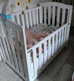 Baby crib/cot with bedding, mattress, side rail padding & fitted sheets – safe and complete sleep set.