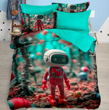 Bedding set with astronaut design featuring a toy astronaut figure 