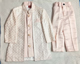 Elegant Cream & Pink Traditional Party Wear Set for 1-year-old baby boy featuring a festive ethnic design, comfortable fabric, stylish detailing, and coordinated pieces for weddings, birthdays, and celebrations.