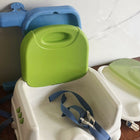 FISHER-PRICE Healthy Care Deluxe Booster Seat in Green & Blue, Almost New condition, featuring a feeding tray, supportive seat, adjustable straps and compact portable design for convenient mealtimes at home or while travelling.
