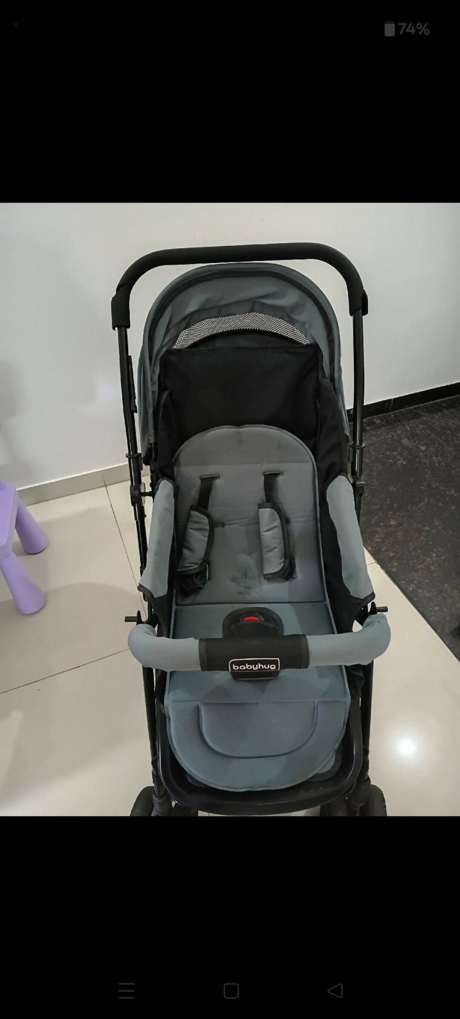 Babyhug Symphony stroller with reclining seat, smooth wheels, safety harness, adjustable canopy, and comfortable travel design for babies and toddlers.