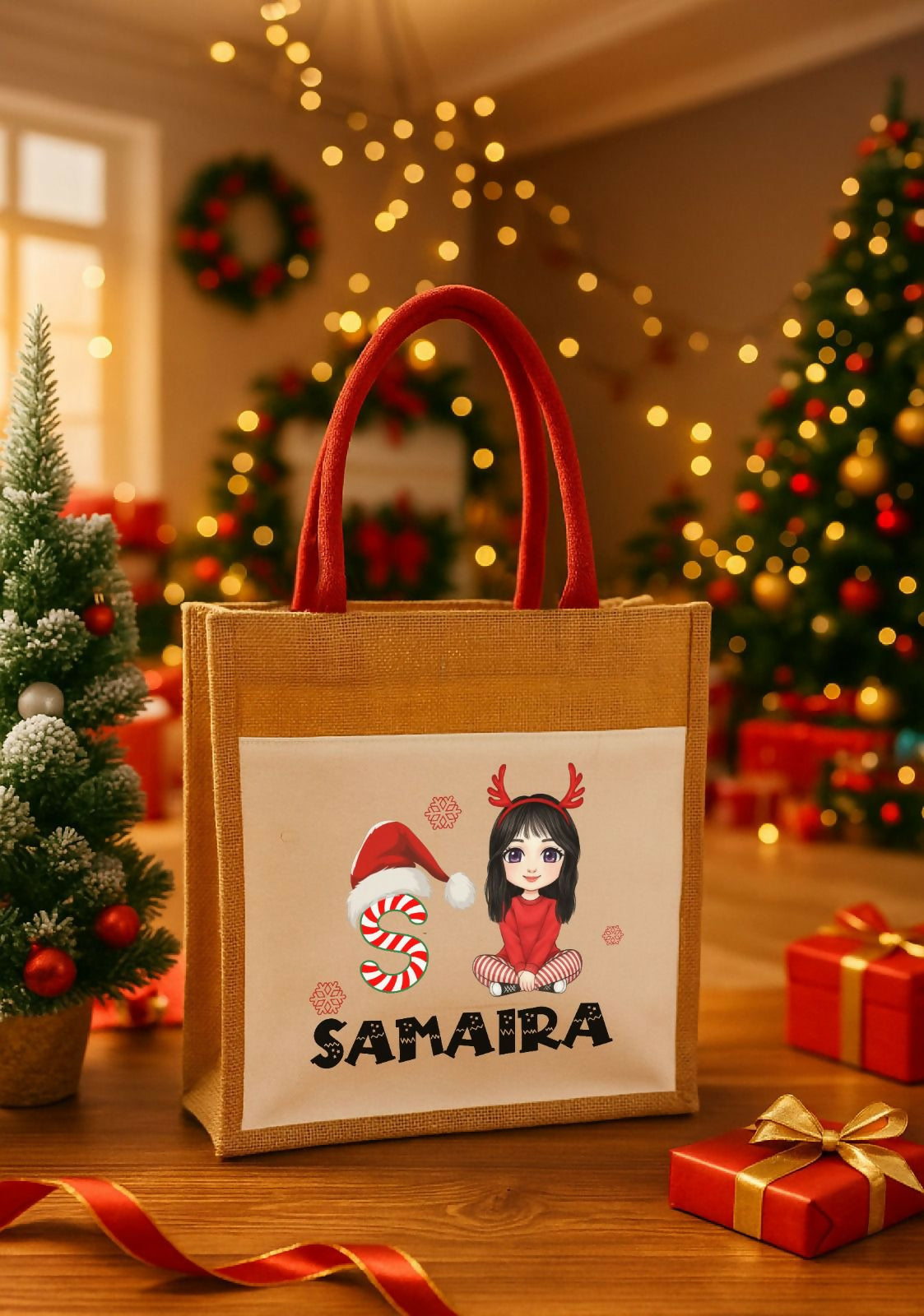 Brown tote bag with cartoon character and 'Samaira' text in a festive setting with Christmas decorations.