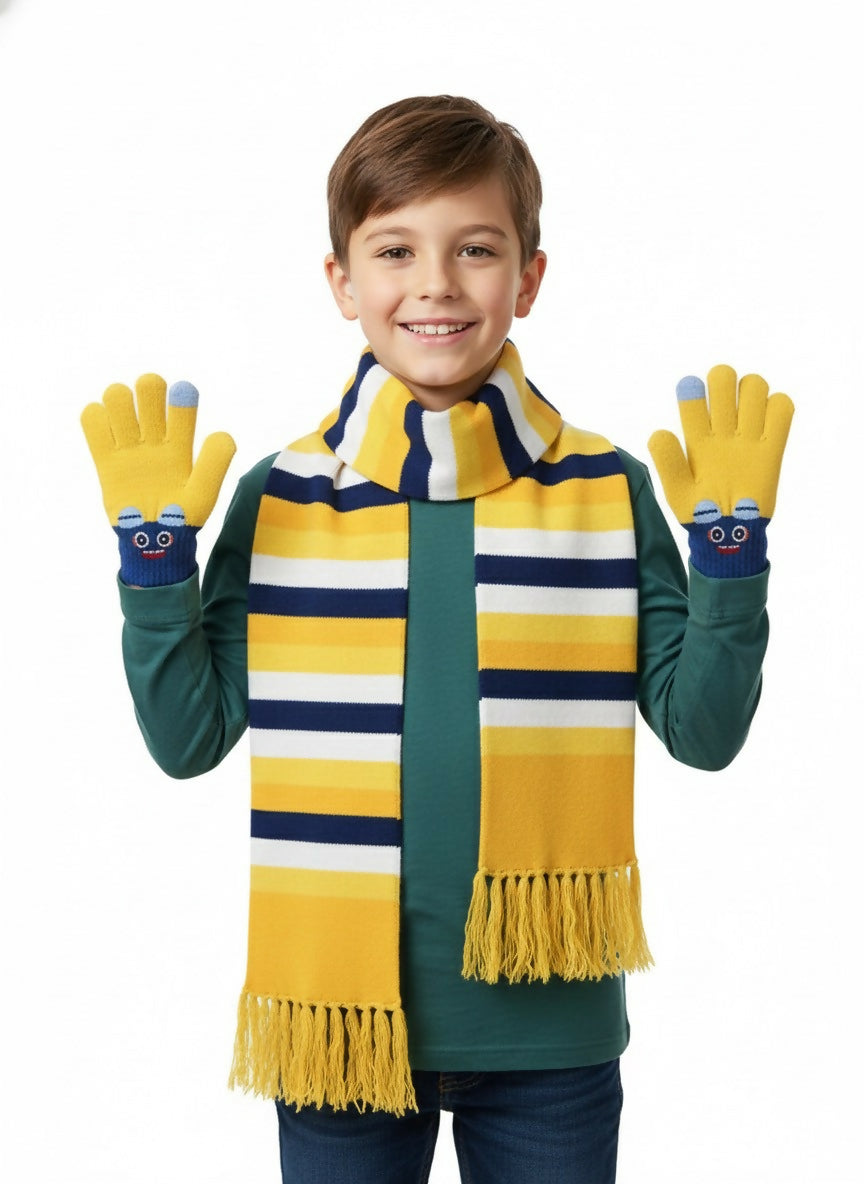 Child wearing a yellow and blue striped scarf with matching gloves 
