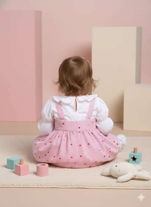 Child wearing a pink dress with white ruffled shirt
