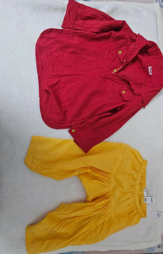 FabIndia Red Kurta & Yellow Pyjama Set – Stylish and comfortable traditional attire for kids, perfect for festivals and celebrations.