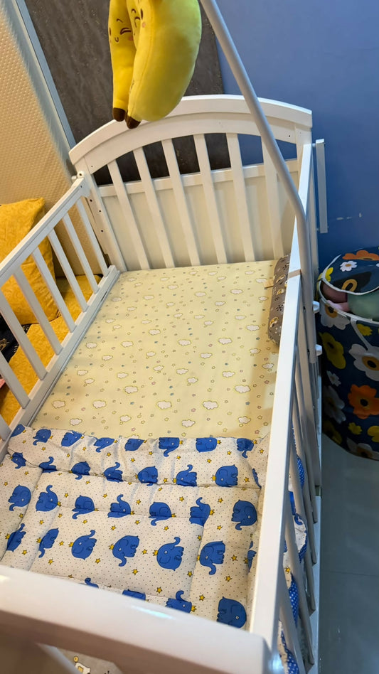 HUNY HUNY 15-in-1 Pinewood Baby Cot/Crib measuring 120 × 68 × 103 cm, featuring a multifunctional wooden design with mosquito net and adjustable stand for a practical nursery sleeping setup.