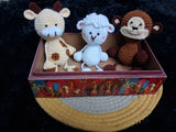 Handmade crochet amigurumi animals toy set crafted from soft yarn with cute animal designs, detailed stitching, and cuddly finish for babies, kids, gifting, and nursery décor.
