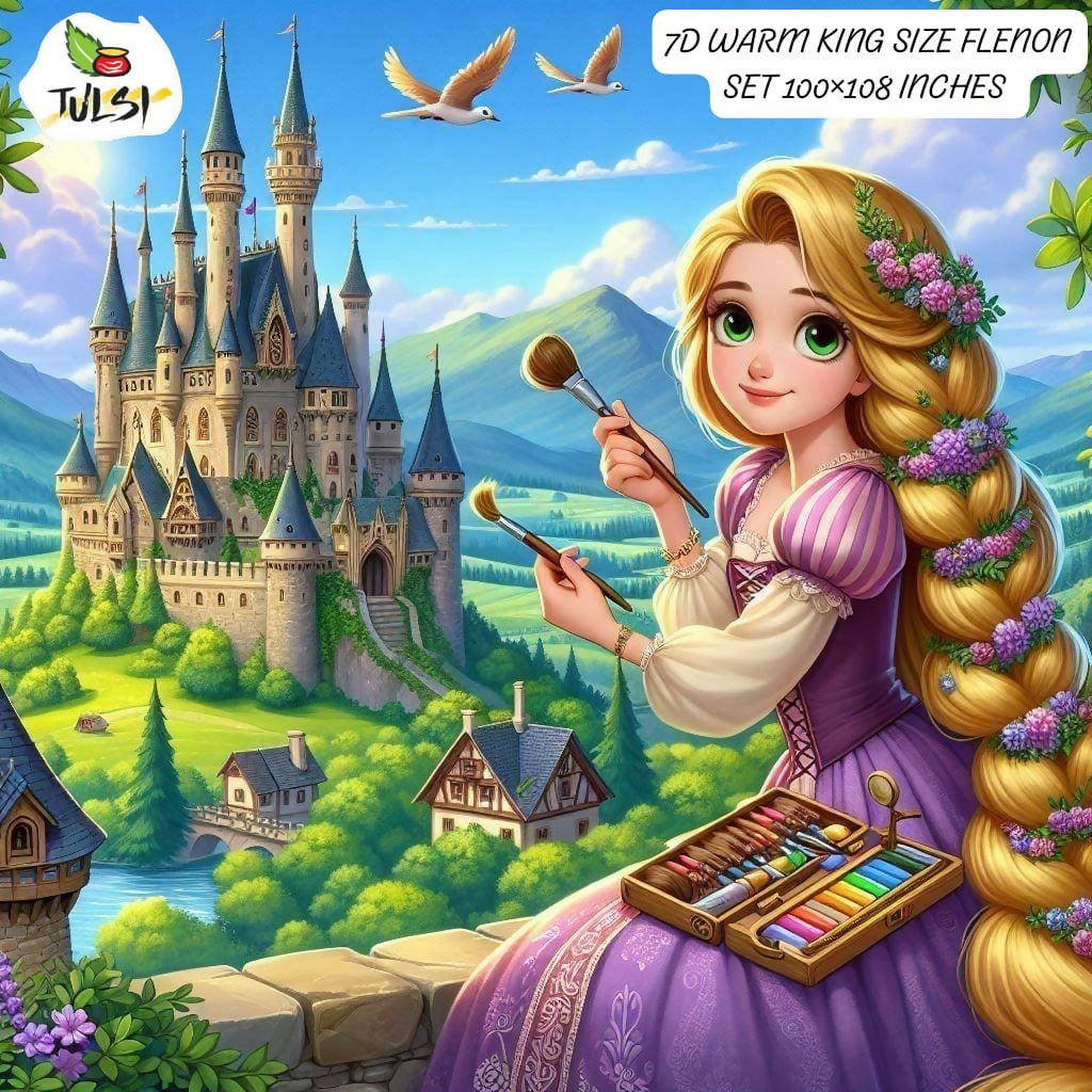 Cartoon character with long blonde hair and a castle bedsheet
