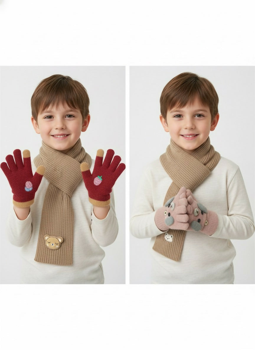 Two images of a boy wearing red gloves with bear designs, a beige scarf, and pink mittens with bear designs 