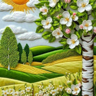 Decorative scene with trees, flowers, and a sun on a green background bedsheet