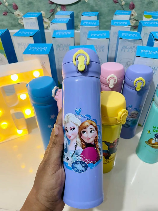 purple water bottle with cartoon characters