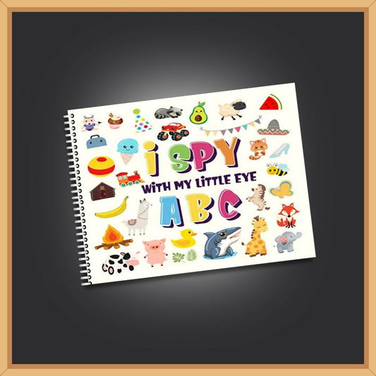 I SPY ABC children’s activity book featuring engaging alphabet-based search and find activities that encourage letter recognition, observation, visual learning and early vocabulary development through playful learning.