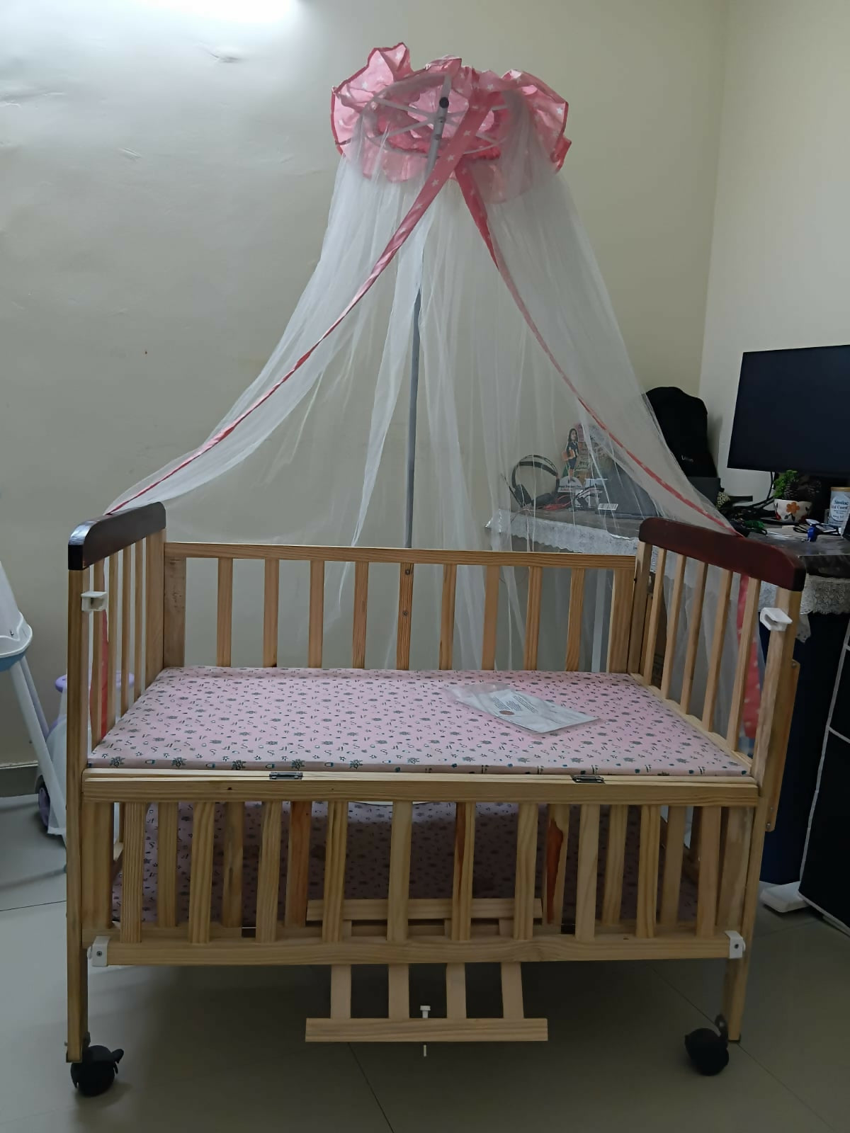 FURNIFEST Wooden Baby Cot/Crib in Almost New condition featuring sturdy wooden construction, spacious sleeping area, protective side rails, and a classic design for a comfortable nursery setup.
