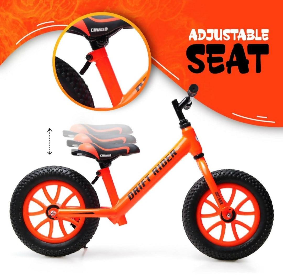 Orange balance bike with adjustable seat feature on an orange background