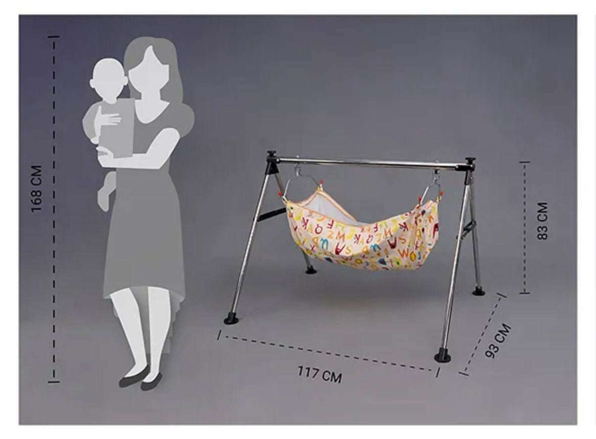Baby hammock with stand and dimensions shown relative to a silhouette of a woman holding a baby.