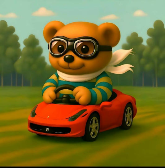 Cartoon bear driving a red car with a forest background