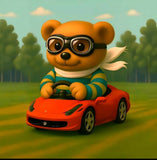 Cartoon bear driving a red car with a forest background