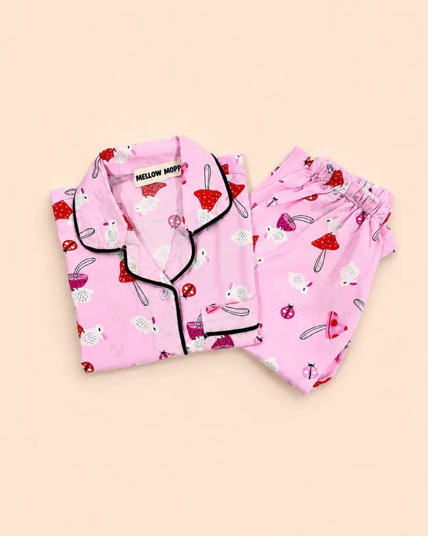 MELLOW Pink Mushroom night suit with soft comfortable fabric, cute mushroom-themed print, relaxed fit, and cozy design for bedtime, sleep, and everyday lounging.