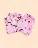 MELLOW Pink Mushroom night suit with soft comfortable fabric, cute mushroom-themed print, relaxed fit, and cozy design for bedtime, sleep, and everyday lounging.
