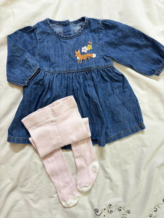 MARKS & SPENCER denim dress with pink stockings – stylish, coordinated, and comfy outfit for every little girl.

