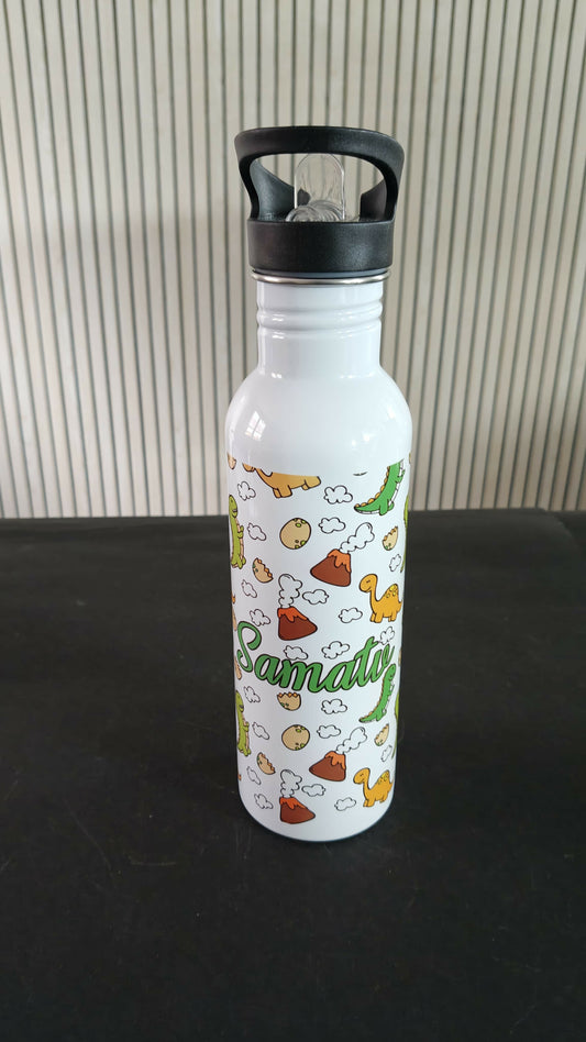 White water bottle with colorful dinosaur pattern and 'Lamato' branding on a black surface.