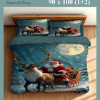 Bedding set with Santa Claus and reindeer design on a bed, featuring MOKSHAY branding.