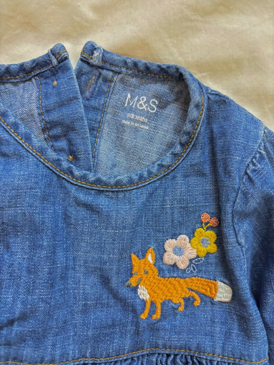 MARKS & SPENCER denim dress with pink stockings – stylish, coordinated, and comfy outfit for every little girl.

