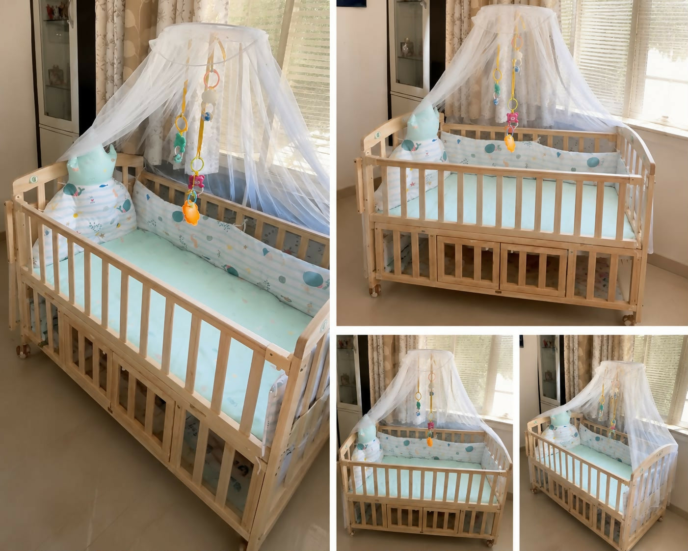 Baby cot/crib by Mee Mee or Dream Grow with a sturdy frame, comfortable sleeping space, smooth rounded edges, adjustable mattress support, and a safe design for newborns and growing babies.