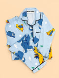MELLOW Blue Dinosaur night suit with soft comfortable fabric, playful dinosaur-themed print, relaxed fit, and cozy comfort for bedtime, sleep, and everyday lounging.
