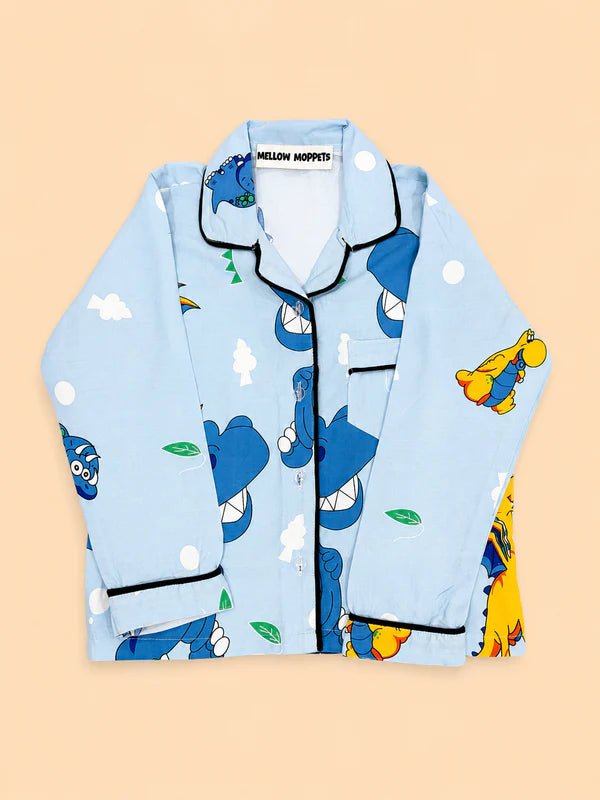 MELLOW Blue Dinosaur night suit with soft comfortable fabric, playful dinosaur-themed print, relaxed fit, and cozy comfort for bedtime, sleep, and everyday lounging.