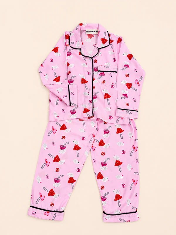 MELLOW Pink Mushroom night suit with soft comfortable fabric, cute mushroom-themed print, relaxed fit, and cozy design for bedtime, sleep, and everyday lounging.