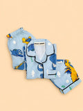 MELLOW Blue Dinosaur night suit with soft comfortable fabric, playful dinosaur-themed print, relaxed fit, and cozy comfort for bedtime, sleep, and everyday lounging.