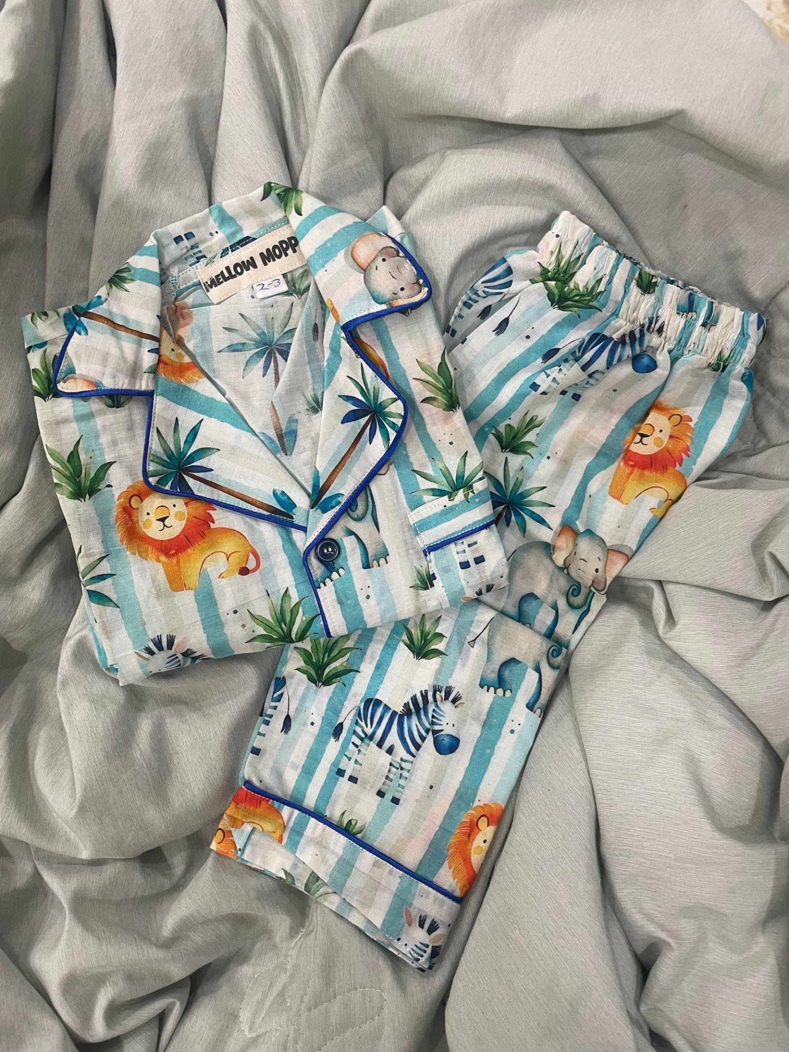 MELLOW Striped Safari full sleeves nightsuit with soft comfortable fabric, playful safari-themed design, full-sleeve coverage, and a cozy fit for bedtime and lounging.