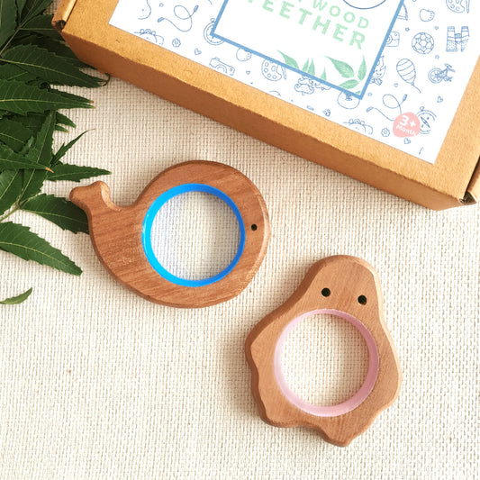 BABYCOV Cute Whale and Penguin Natural Neem Wood Teethers for Babies | Natural and Safe | Goodness of Organic Neem Wood | Both Chewing and Grasping Toy | Set of 2 (Age 4+ Months)
