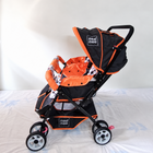 MEE MEE Twin Baby Stroller/Double Pram in Orange, Some Used condition, featuring two seats, reclining design, protective canopies and a foldable frame for convenient outings with twins or two young children.