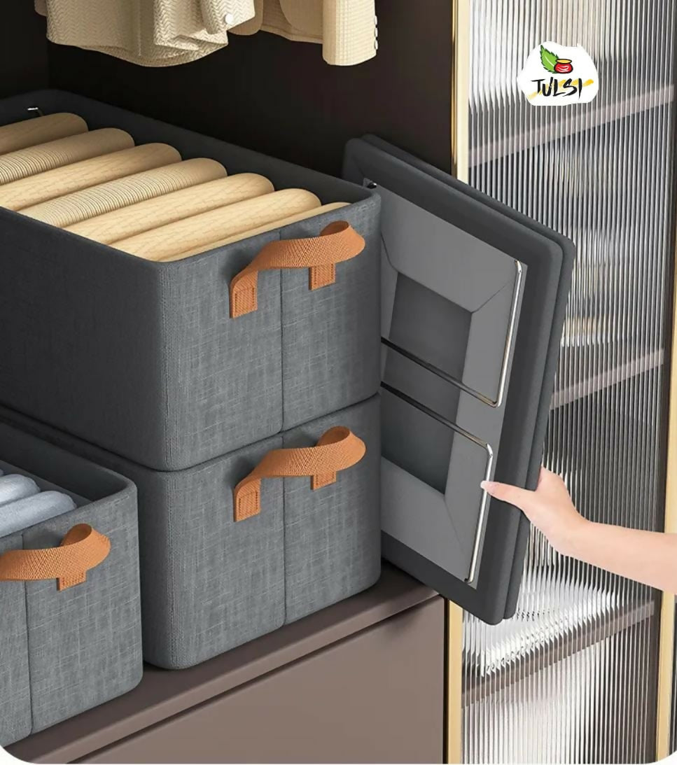 Gray storage bins with brown handles on a shelf, featuring the TULSI brand logo.