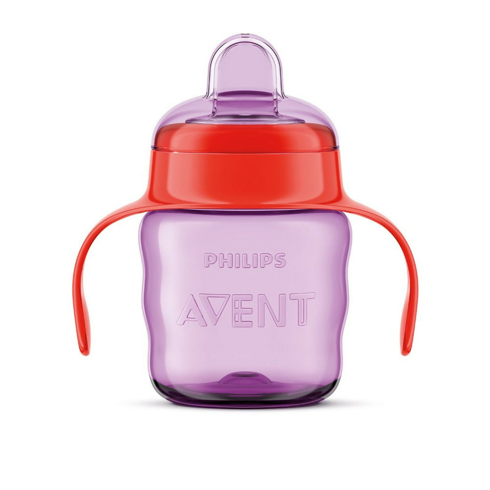 Encourage independent drinking with the PHILIPS Avent Classic Plastic Spout Cup in Purple, featuring a soft silicone spout and spill-proof design for mess-free hydration on the go.