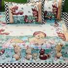 Children's cartoon-themed bedsheet with animals and a baby on a checkered background