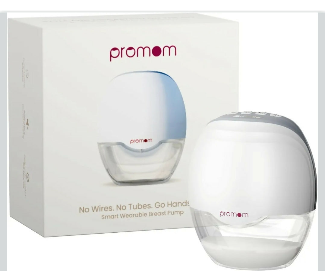 PROMOM wearable electric breast pump with hands-free design, compact milk collection cups, adjustable suction, and portable pumping support for breastfeeding mothers.