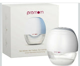 PROMOM wearable electric breast pump with hands-free design, compact milk collection cups, adjustable suction, and portable pumping support for breastfeeding mothers.