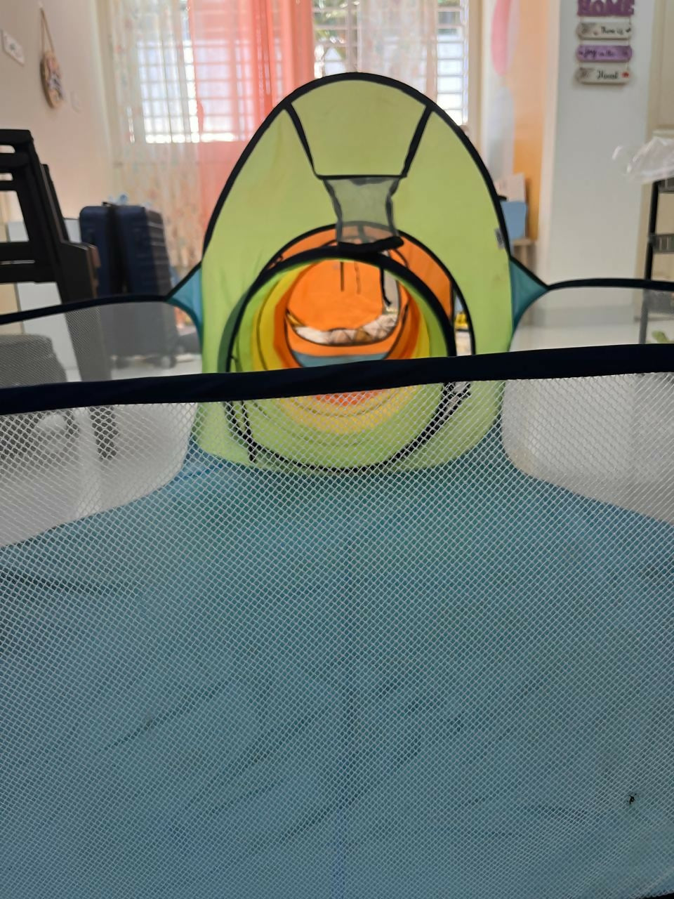 Jam and Honey 3-in-1 kids play tent combo with tunnel and ball pool, used condition with minor wear, colorful indoor play setup for children