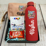 Personalized daily utility hamper gift set featuring customized everyday essentials in a beautifully arranged gift box, perfect for birthdays, baby showers, return gifts, and special occasions.
