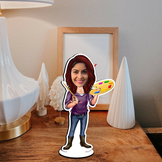 Personalized Teacher Caricature with Base Stand, crafted from 7-inch MDF with custom teacher name and photo-inspired design, perfect as a memorable Teacher’s Day, farewell, or appreciation gift.